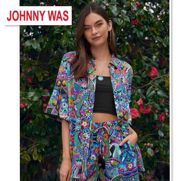 Johnny Was Demarne Ruffle Sleeve Tunic Shirt Top R24924 XS Multi Boho Chic - Picture 2 of 16
